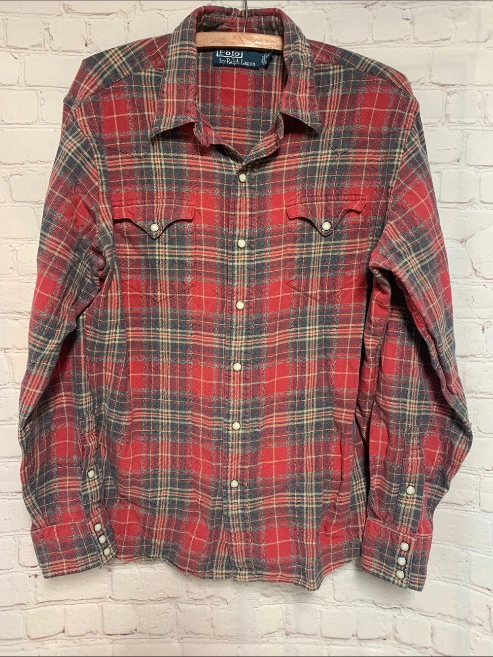 Vintage Polo by Ralph Lauren Red Flannel Plaid Western Pearl Snap Shirt Size L